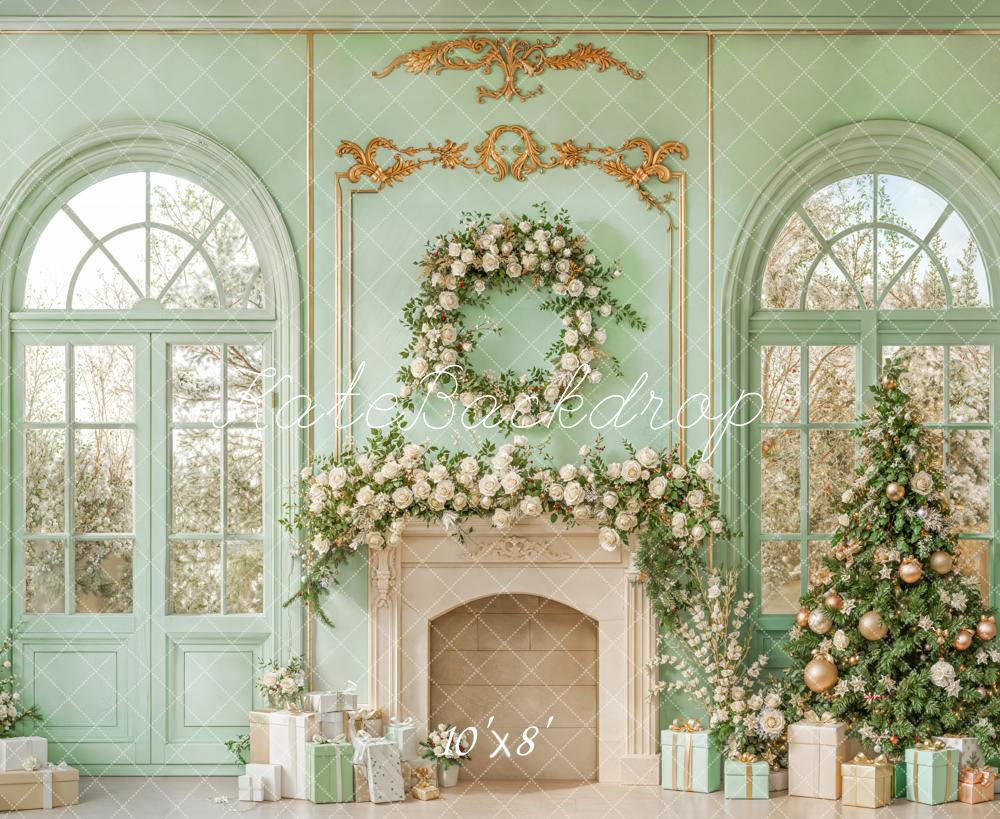 Kate Christmas Mint Fireplace Fleece Backdrop Designed by Emetselch - Image 4