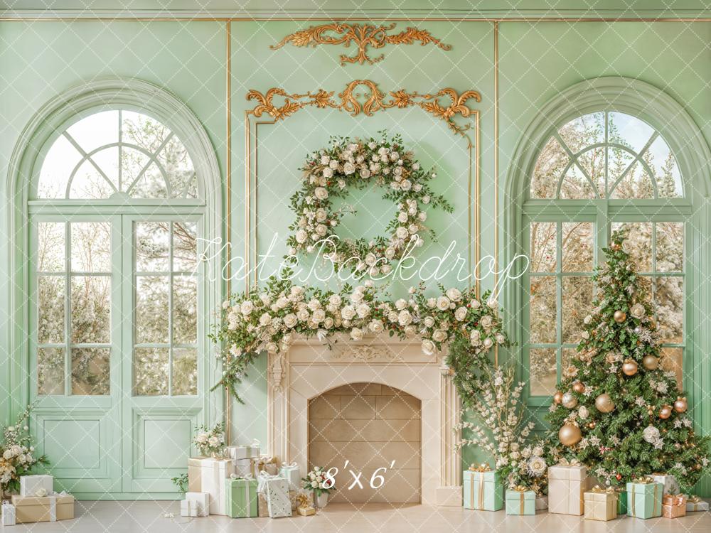 Kate Christmas Mint Green Fireplace Tree Backdrop Designed by Emetselch - Image 4