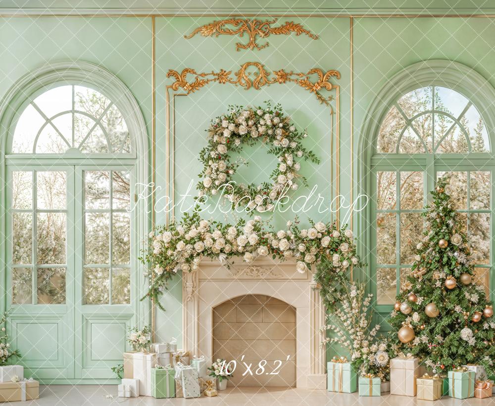 Kate Christmas Mint Green Fireplace Tree Backdrop Designed by Emetselch - Image 5