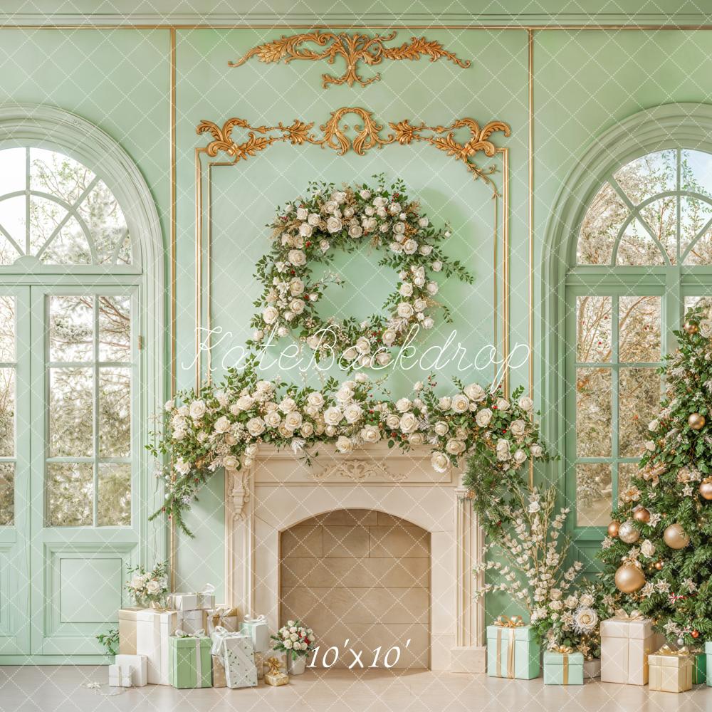 Kate Christmas Mint Green Fireplace Tree Backdrop Designed by Emetselch - Image 6