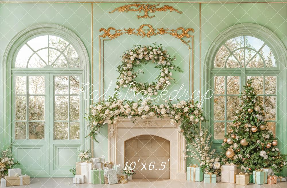 Kate Christmas Mint Green Fireplace Tree Backdrop Designed by Emetselch - Image 7