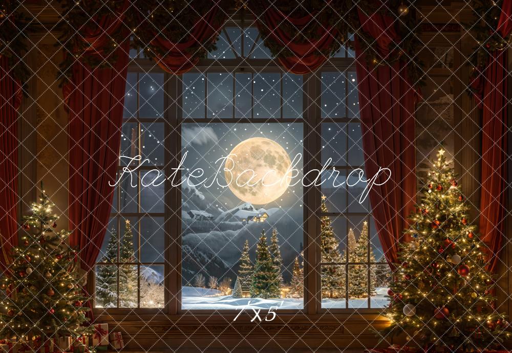 Kate Christmas Moon Night Red Curtain Window Backdrop Designed by Chain Photography - Image 2