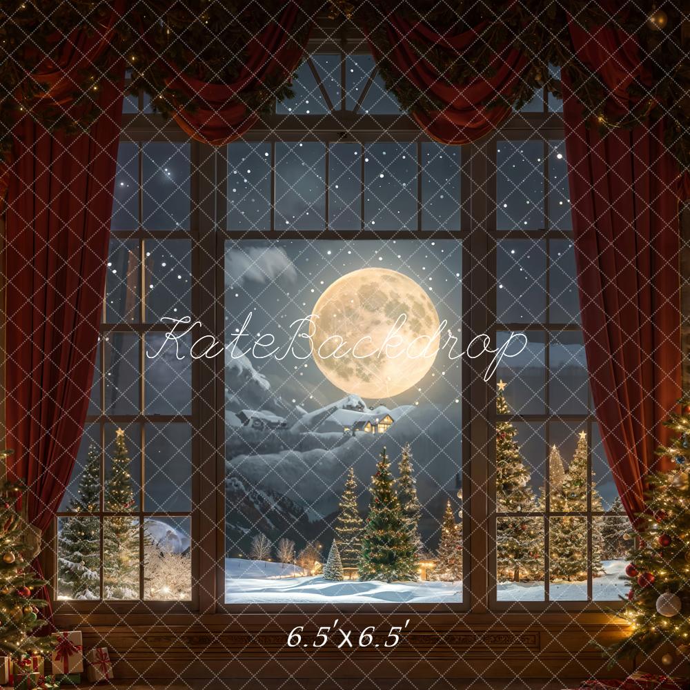 Kate Christmas Moon Night Red Curtain Window Backdrop Designed by Chain Photography - Image 4