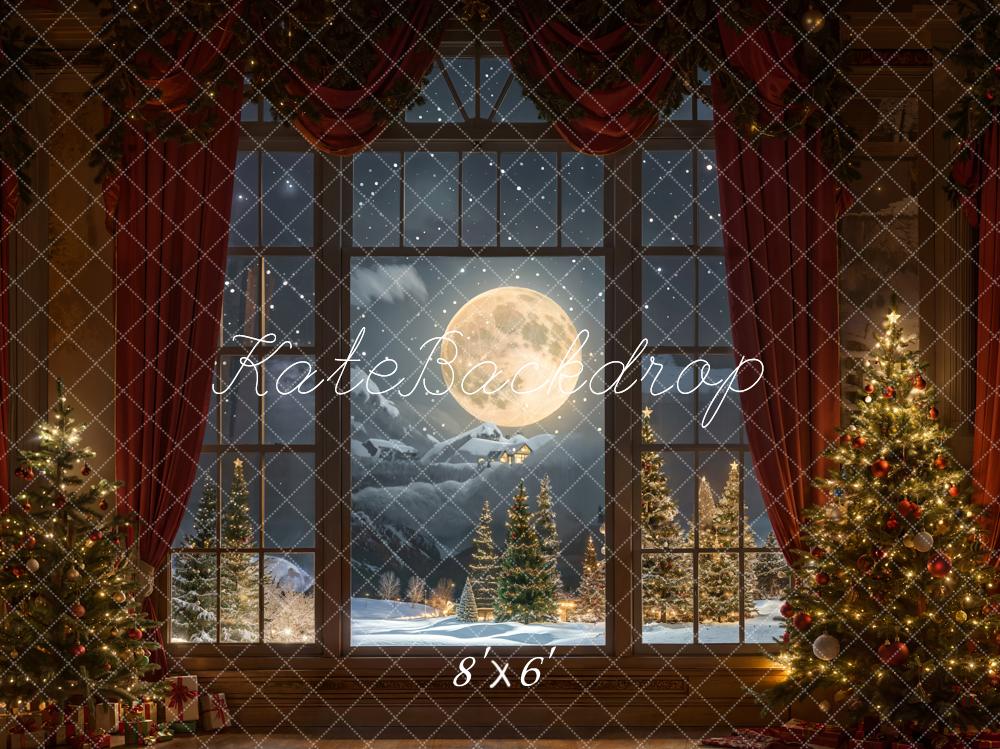 Kate Christmas Moon Night Red Curtain Window Backdrop Designed by Chain Photography - Image 5
