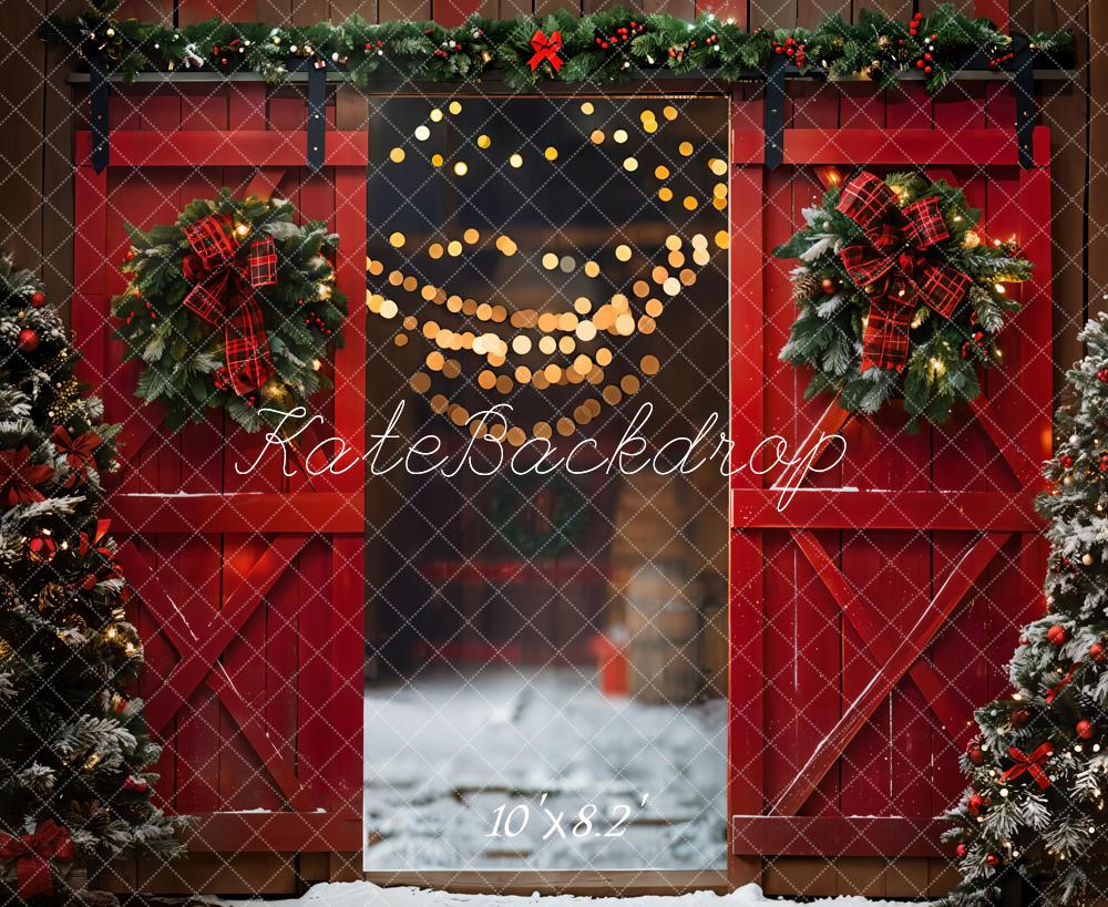 Kate Christmas Night Red Barn Door Backdrop Designed by Emetselch - Image 11