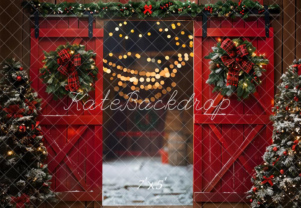 Kate Christmas Night Red Barn Door Backdrop Designed by Emetselch - Image 2