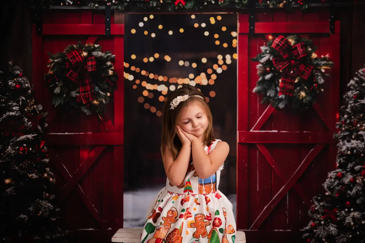 Kate Christmas Night Red Barn Door Backdrop Designed by Emetselch - Image 5