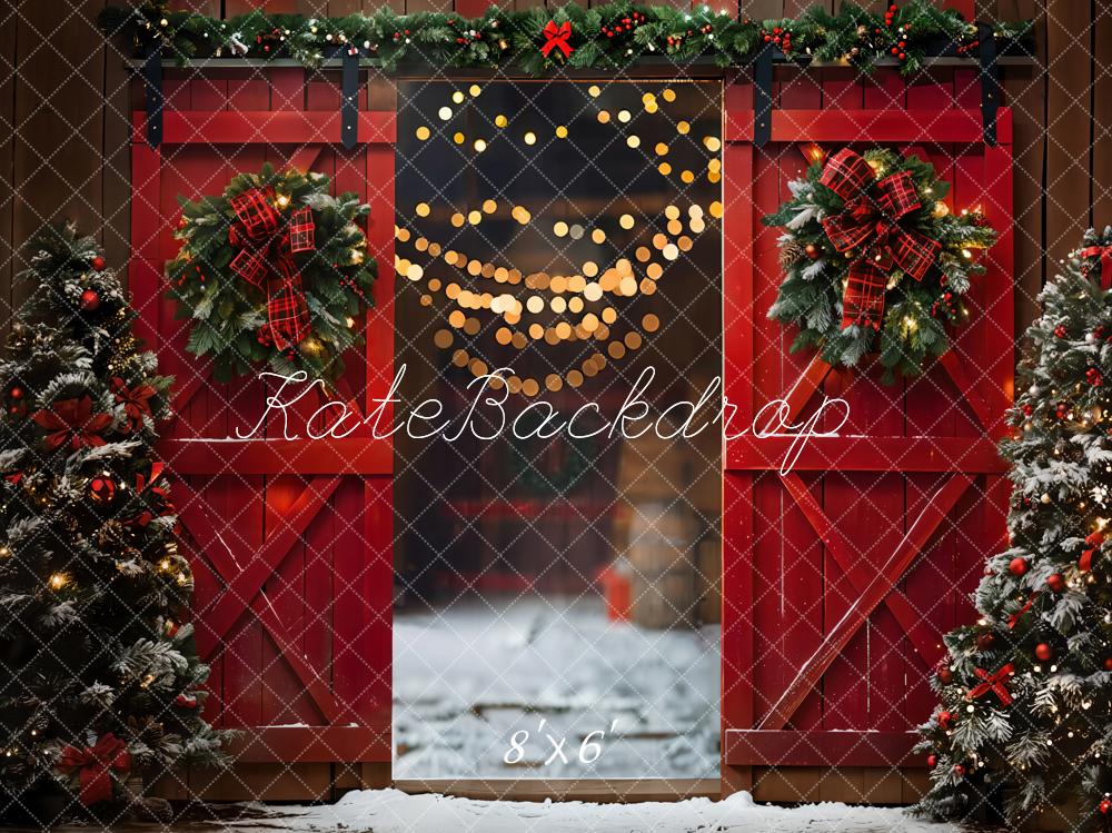 Kate Christmas Night Red Barn Door Backdrop Designed by Emetselch - Image 9
