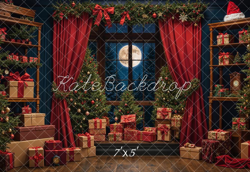 Kate Christmas Night Red Curtain Window Backdrop Designed by Emetselch - Image 2