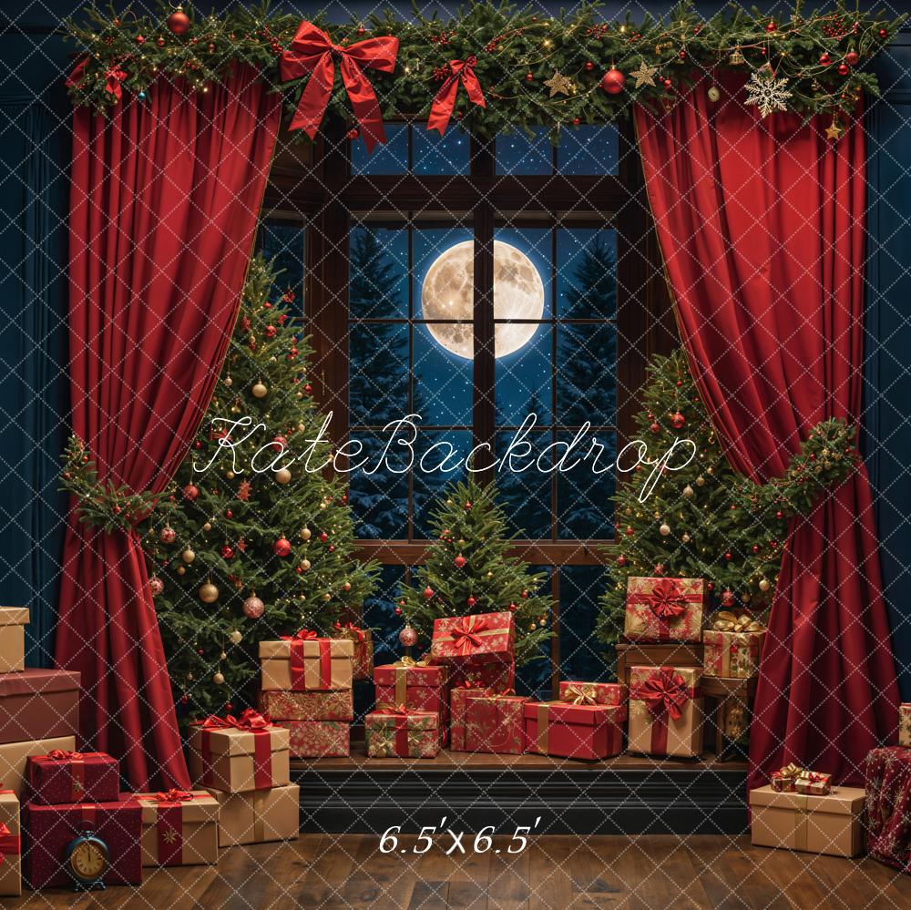 Kate Christmas Night Red Curtain Window Backdrop Designed by Emetselch - Image 3
