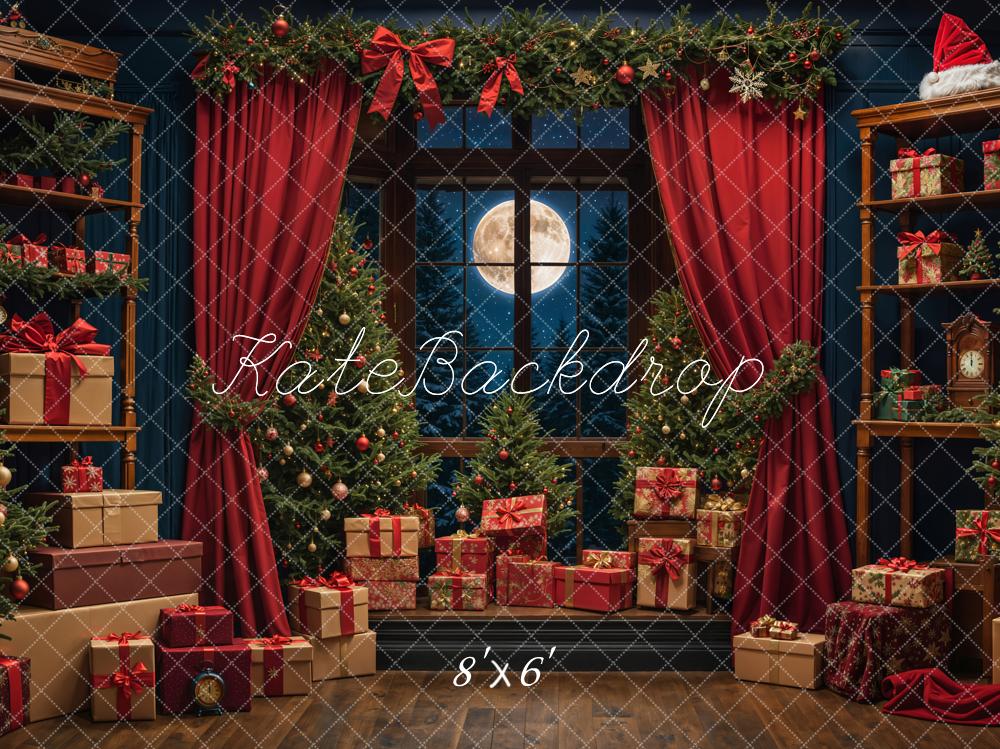 Kate Christmas Night Red Curtain Window Backdrop Designed by Emetselch - Image 4