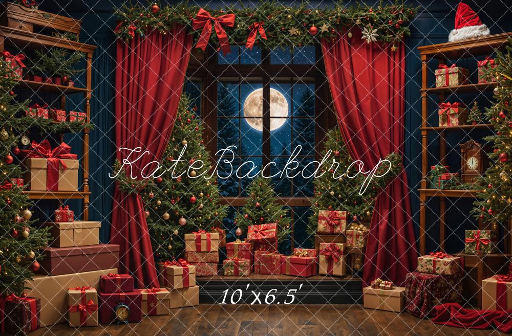 Kate Christmas Night Red Curtain Window Backdrop Designed by Emetselch - Image 5