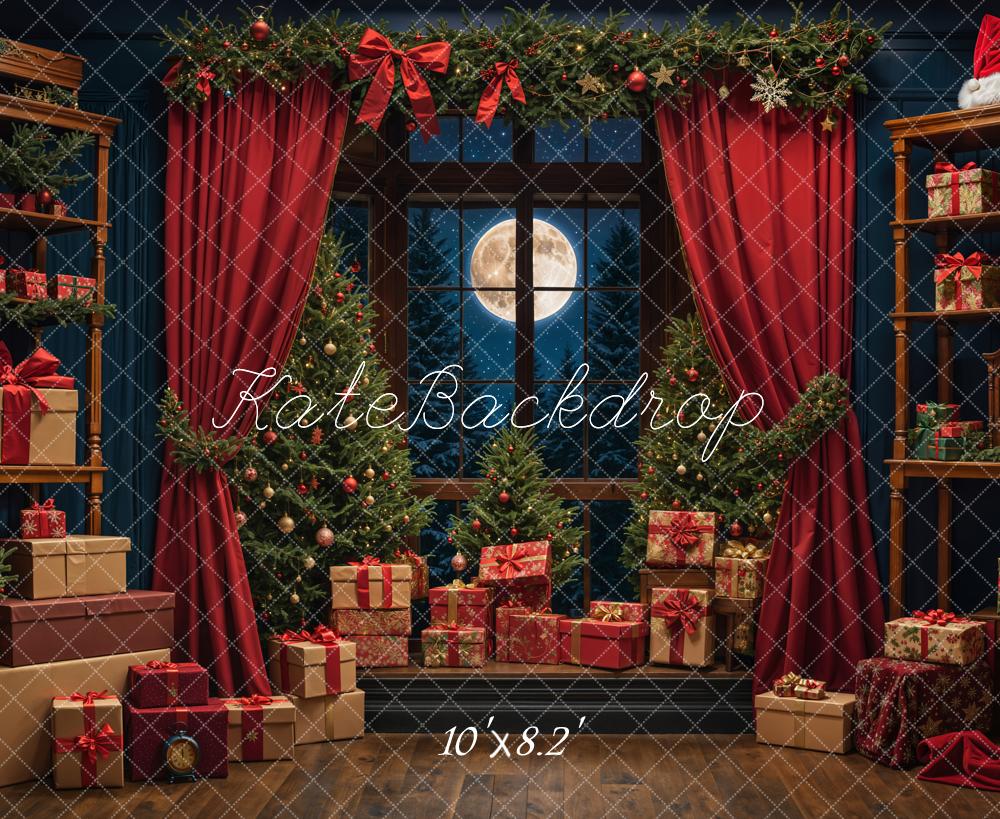Kate Christmas Night Red Curtain Window Backdrop Designed by Emetselch - Image 6