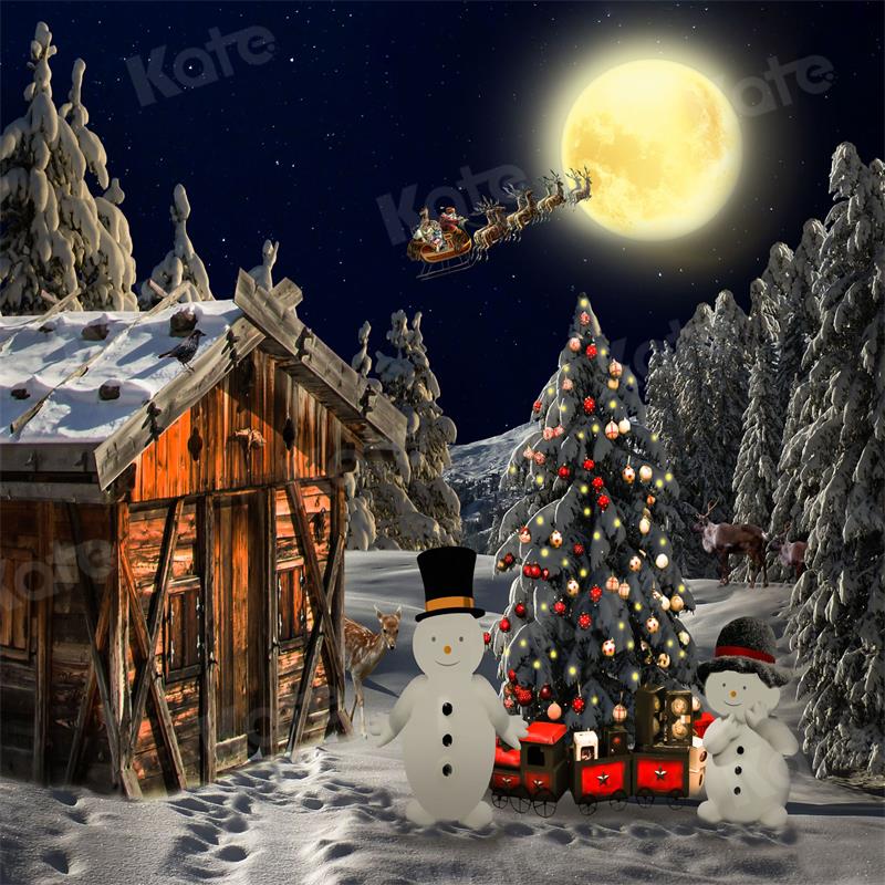 Kate Christmas Night Wooden House Tree Backdrop for Photography - Image 2