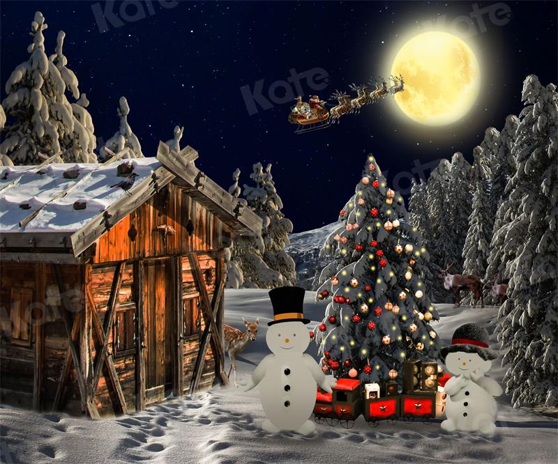 Kate Christmas Night Wooden House Tree Backdrop for Photography - Image 3