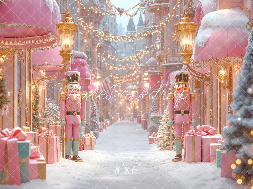 Kate Christmas Nutcracker Pink Gifts Snowy Street Backdrop Designed by Emetselch - Image 3