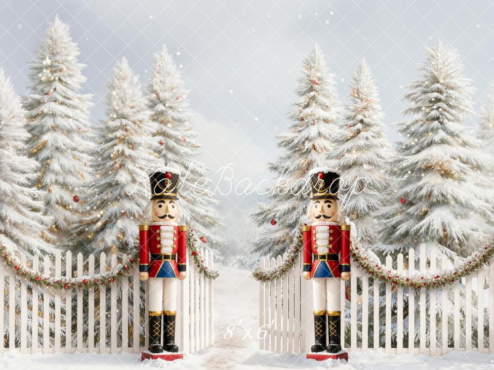 Kate Christmas Nutcracker Snowy Trees Fence Backdrop Designed by Emetselch - Image 3