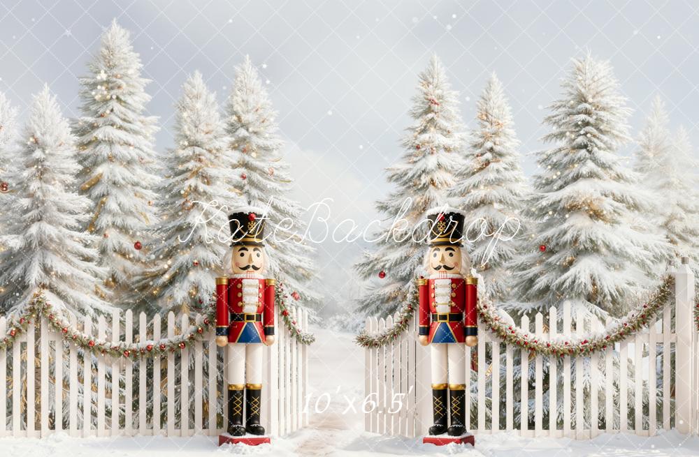 Kate Christmas Nutcracker Snowy Trees Fence Backdrop Designed by Emetselch - Image 4