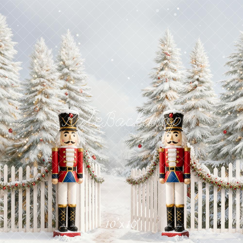 Kate Christmas Nutcracker Snowy Trees Fence Backdrop Designed by Emetselch - Image 7