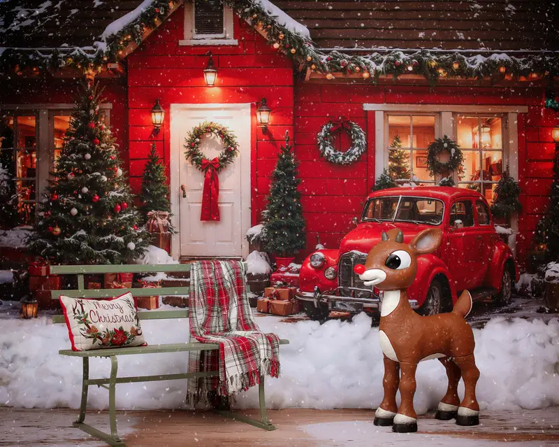 Kate Christmas Outdoor Red House Car Backdrop Designed by Emetselch - Image 2
