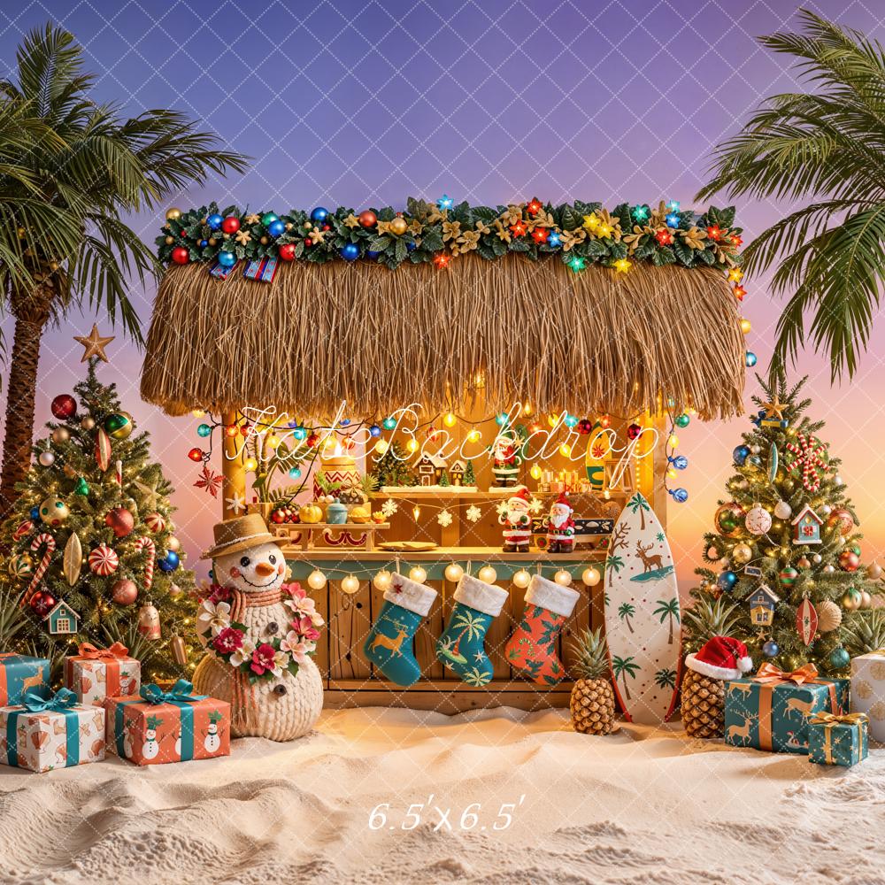 Kate Christmas Palm Trees Surfboard Tiki Hut Backdrop Designed by Emetselch - Image 2