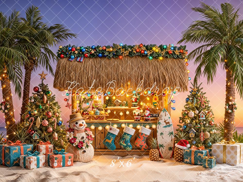Kate Christmas Palm Trees Surfboard Tiki Hut Backdrop Designed by Emetselch - Image 3