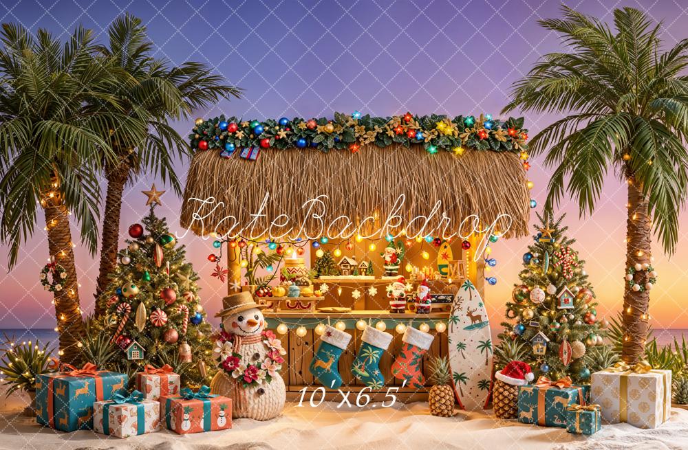 Kate Christmas Palm Trees Surfboard Tiki Hut Backdrop Designed by Emetselch - Image 4