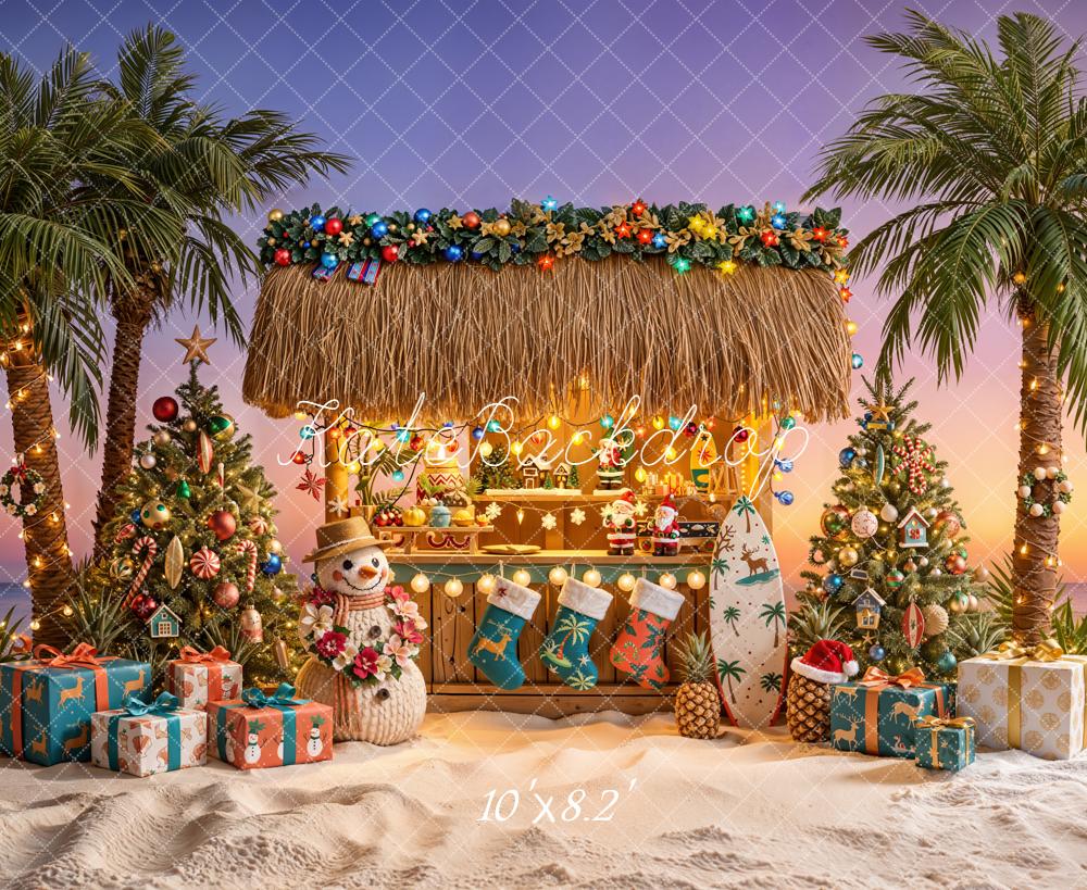 Kate Christmas Palm Trees Surfboard Tiki Hut Backdrop Designed by Emetselch - Image 6