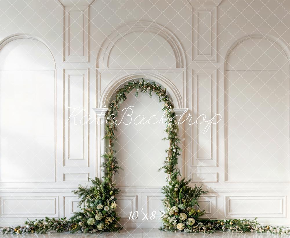 Kate Christmas Pine Leaf Arch White Retro Wall Backdrop Designed by Emetselch - Image 8