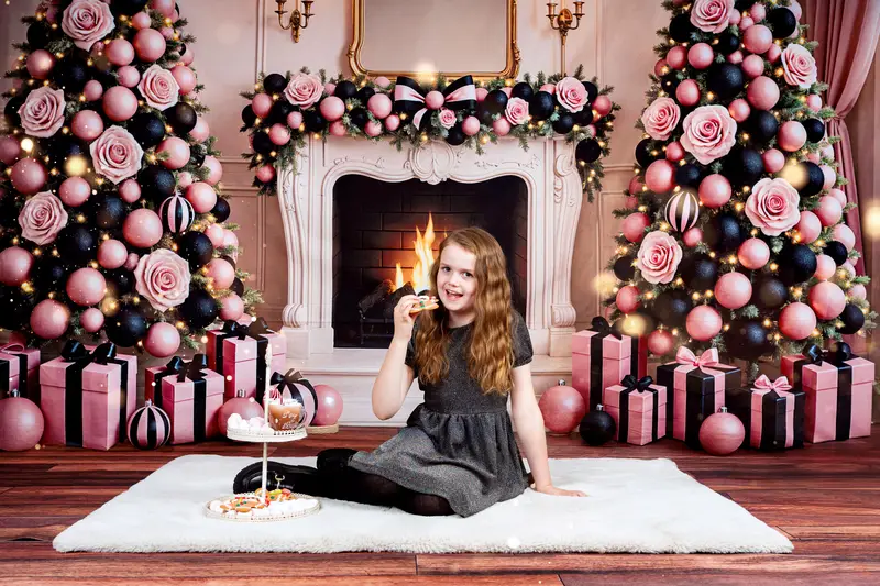 Kate Christmas Pink Black Trees Fireplace Backdrop Designed by Ashley Paul