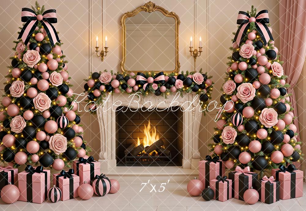 Kate Christmas Pink Black Trees Fireplace Backdrop Designed by Ashley Paul - Image 2