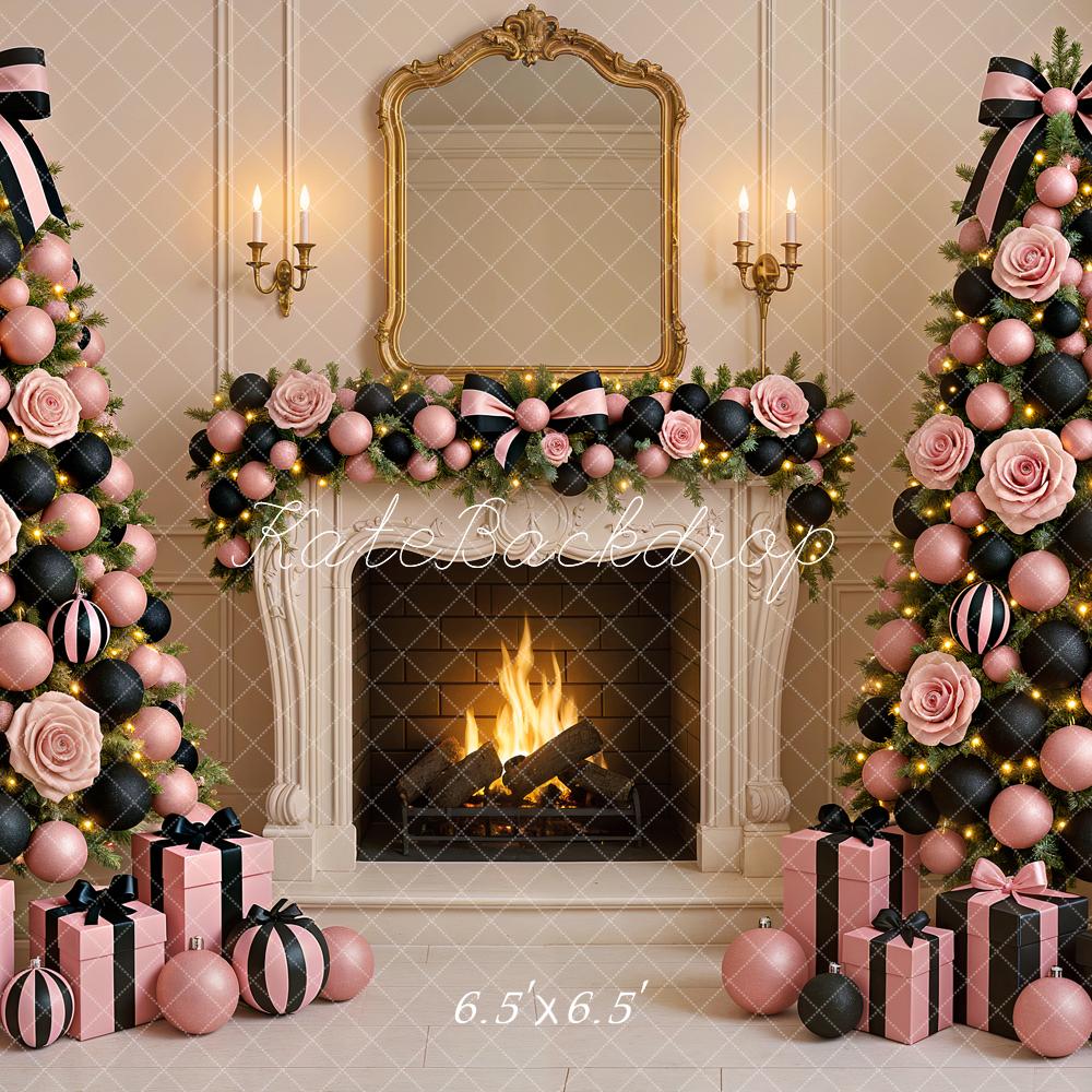 Kate Christmas Pink Black Trees Fireplace Backdrop Designed by Ashley Paul - Image 4