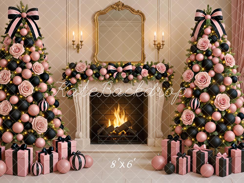 Kate Christmas Pink Black Trees Fireplace Backdrop Designed by Ashley Paul - Image 5