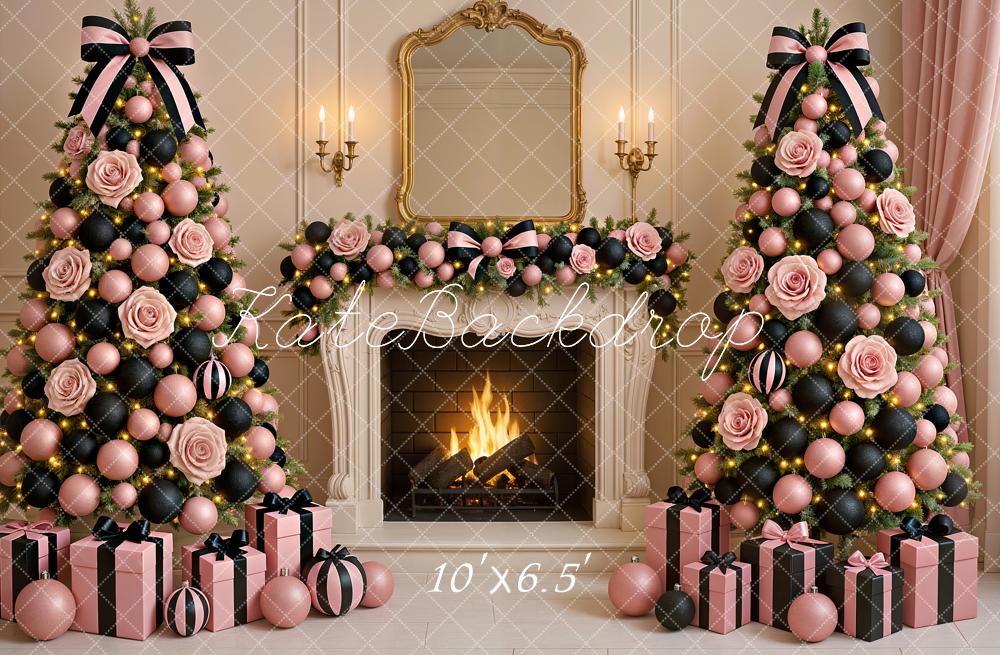 Kate Christmas Pink Black Trees Fireplace Backdrop Designed by Ashley Paul - Image 6