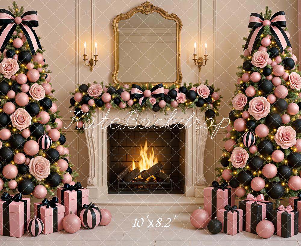 Kate Christmas Pink Black Trees Fireplace Backdrop Designed by Ashley Paul - Image 8