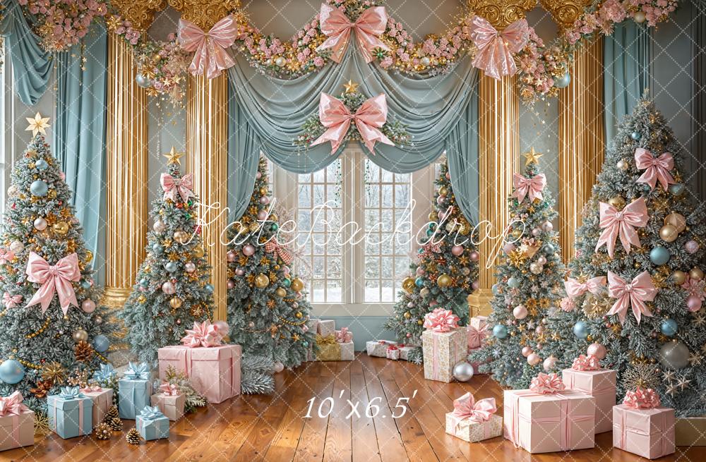Kate Christmas Pink Blue Trees Presents Fleece Backdrop Designed by Emetselch - Image 2