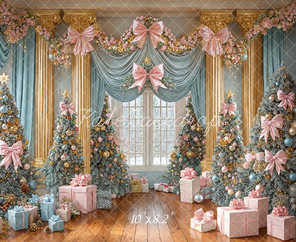 Kate Christmas Pink Blue Trees Presents Fleece Backdrop Designed by Emetselch - Image 3
