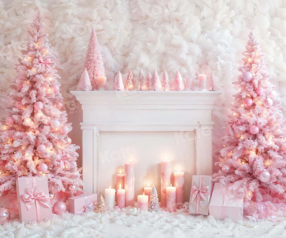 Kate Christmas Pink Fireplace Tree Backdrop Designed by Emetselch - Image 3