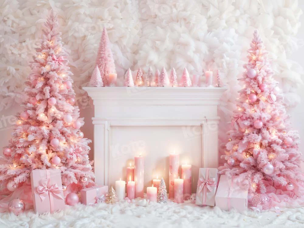 Kate Christmas Pink Fireplace Tree Backdrop Designed by Emetselch - Image 4