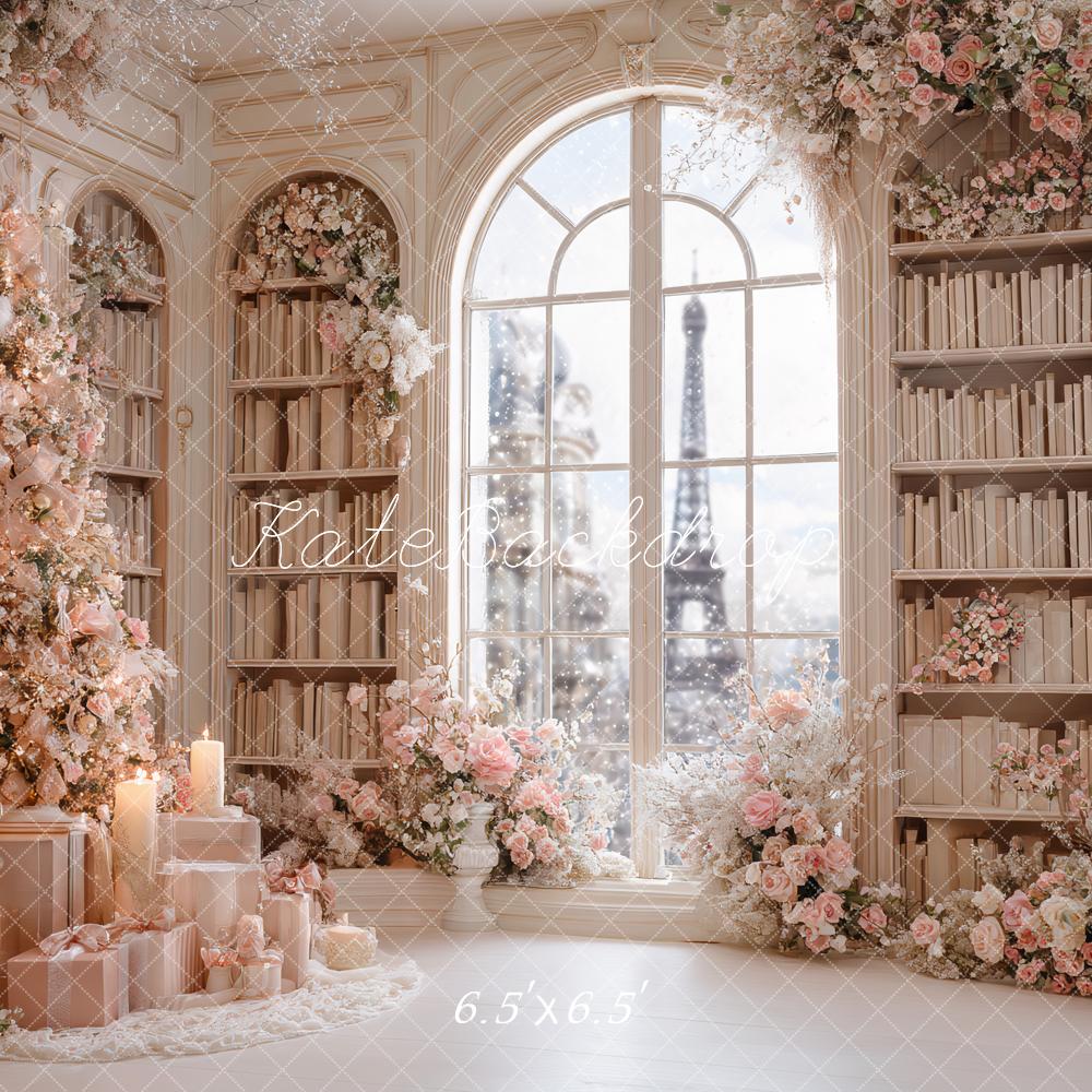Kate Christmas Pink Floral Bookshelves Window Backdrop Designed by Ashley Paul - Image 2