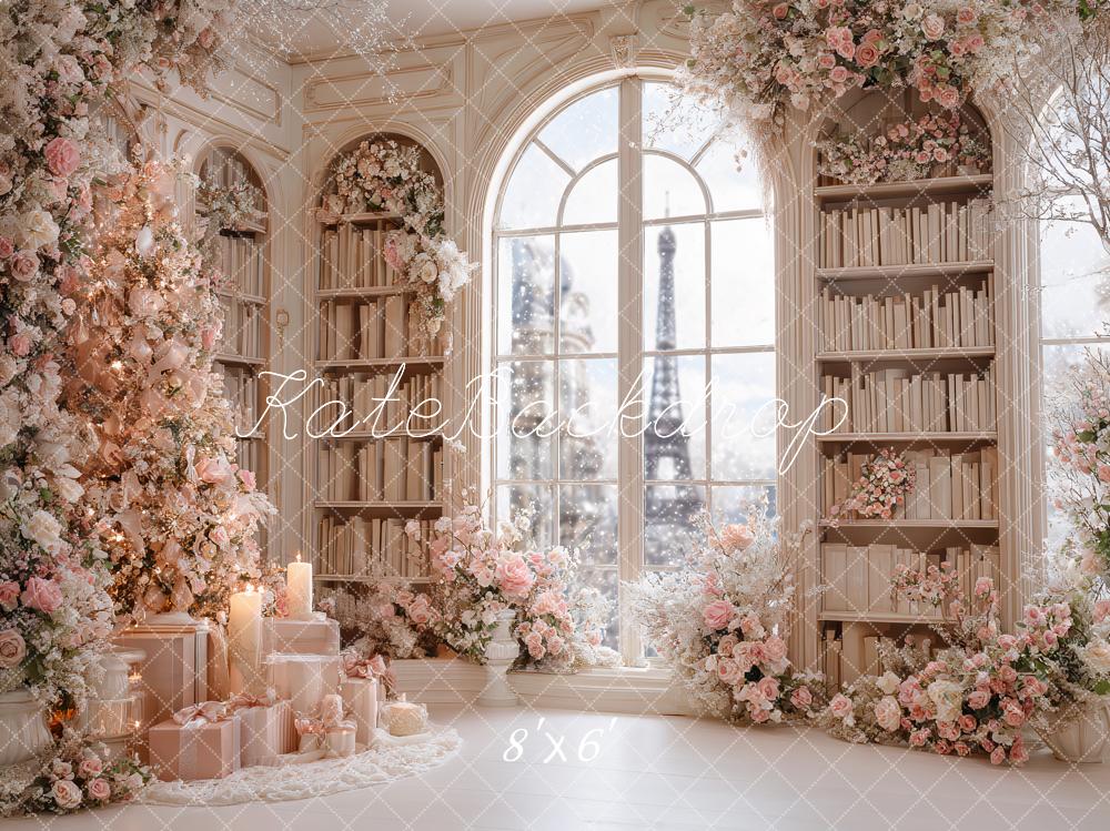 Kate Christmas Pink Floral Bookshelves Window Backdrop Designed by Ashley Paul - Image 3