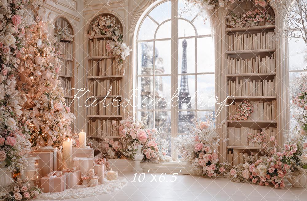 Kate Christmas Pink Floral Bookshelves Window Backdrop Designed by Ashley Paul - Image 4