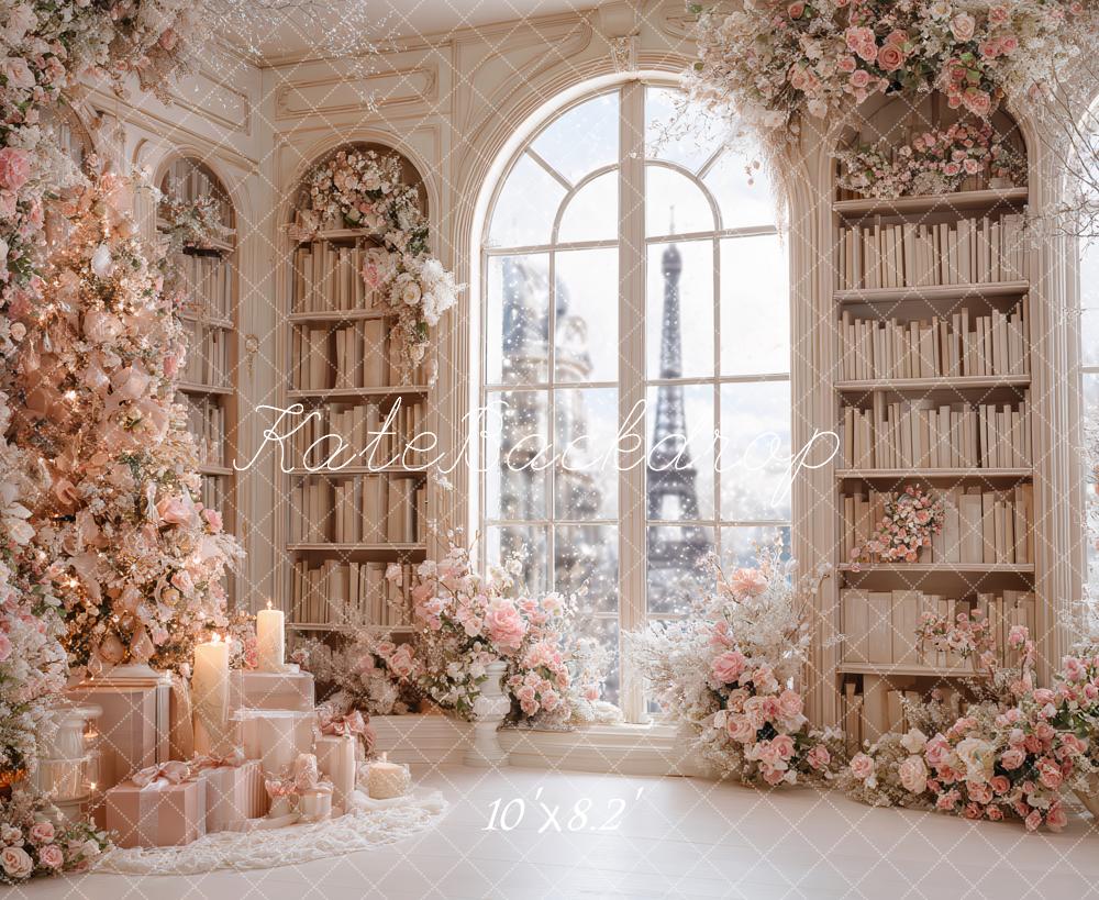 Kate Christmas Pink Floral Bookshelves Window Backdrop Designed by Ashley Paul - Image 6