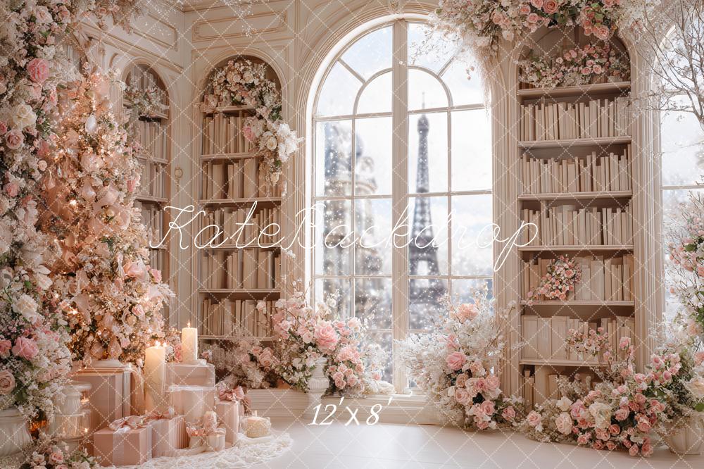 Kate Christmas Pink Floral Bookshelves Window Backdrop Designed by Ashley Paul - Image 8