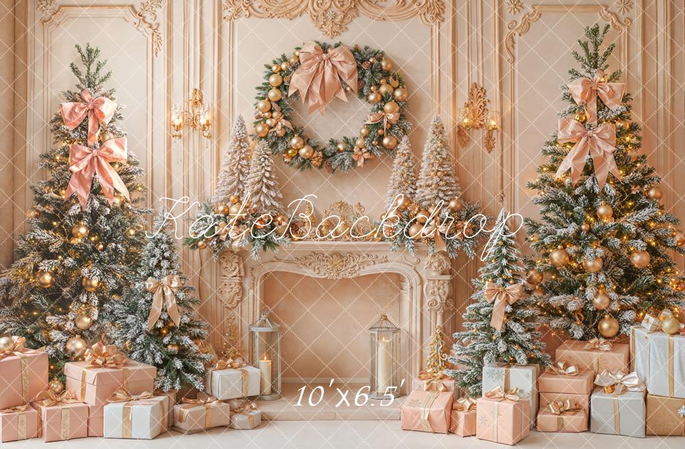 Kate Christmas Pink Gold Trees Fireplace Gifts Fleece Backdrop Designed by Emetselch - Image 2