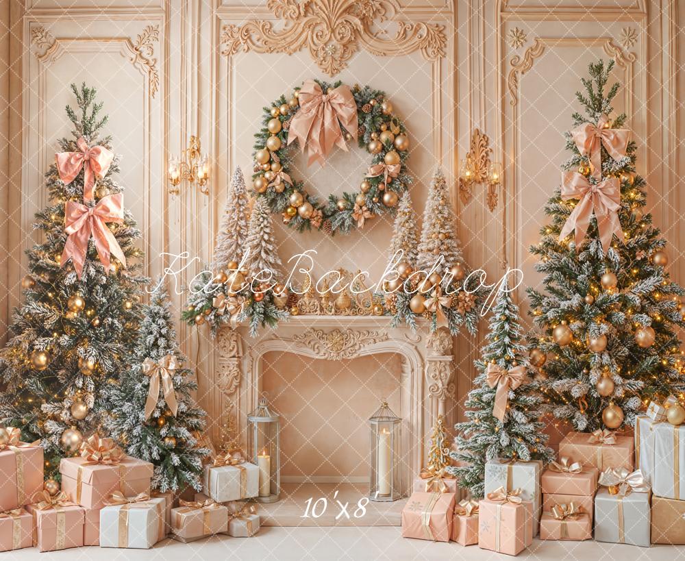 Kate Christmas Pink Gold Trees Fireplace Gifts Fleece Backdrop Designed by Emetselch - Image 3