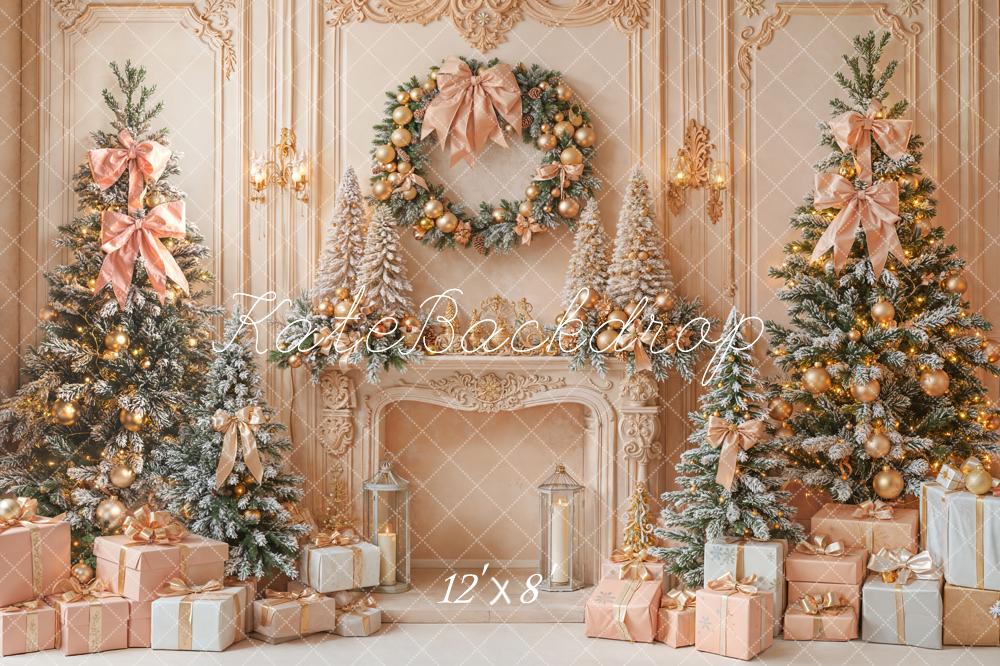 Kate Christmas Pink Gold Trees Fireplace Gifts Fleece Backdrop Designed by Emetselch - Image 4