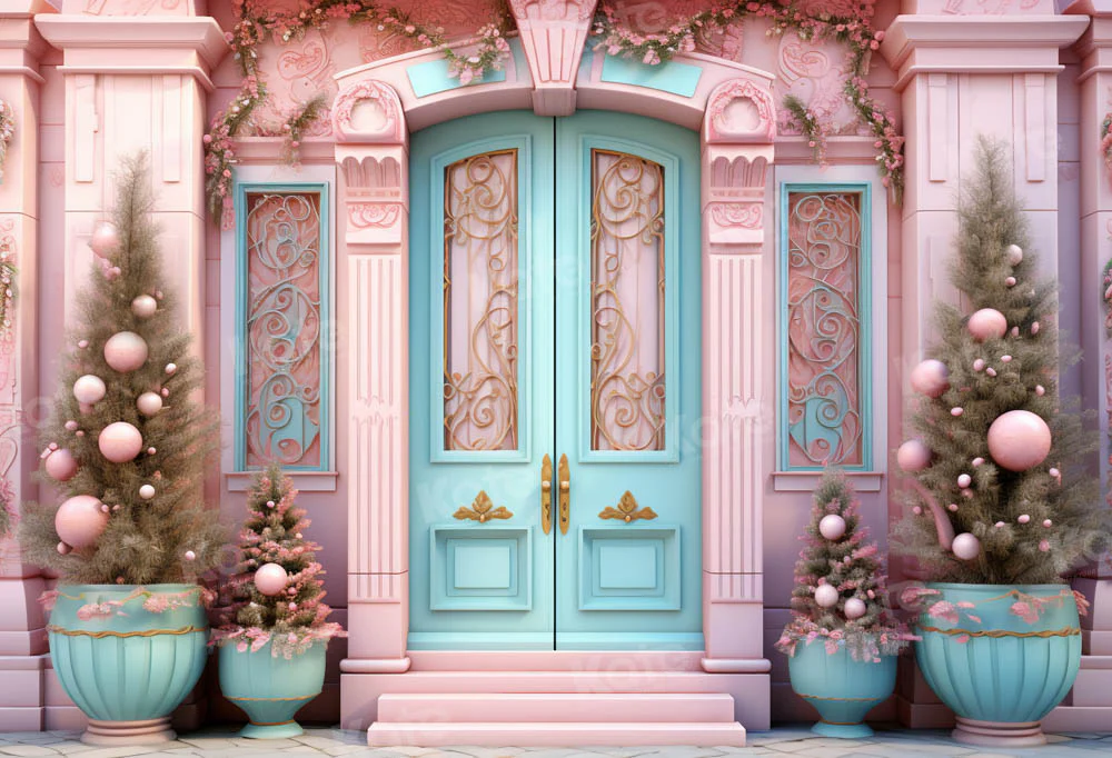 Kate Christmas Pink House Blue Door Backdrop Designed by Emetselch - Image 2