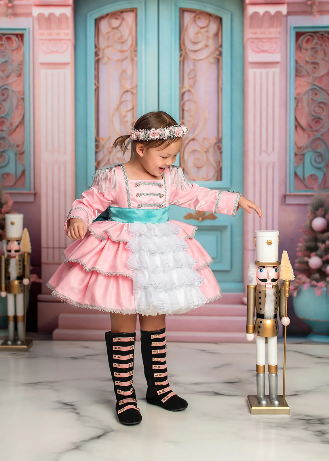 Kate Christmas Pink House Blue Door Backdrop Designed by Emetselch - Image 3
