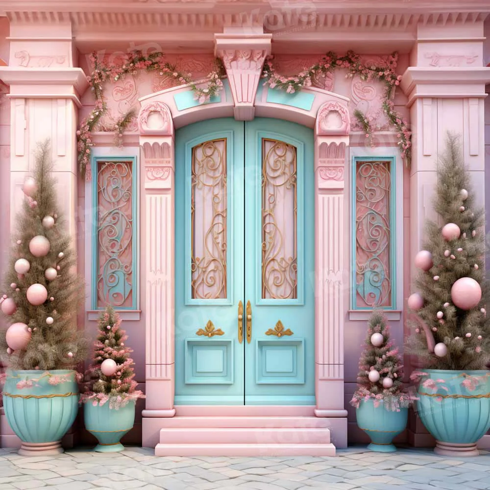 Kate Christmas Pink House Blue Door Backdrop Designed by Emetselch - Image 4